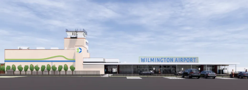 Rendering of the future terminal expansion redesign of the terminal exterior of Wilmington Airport ILG due to be completed in Summer 2025